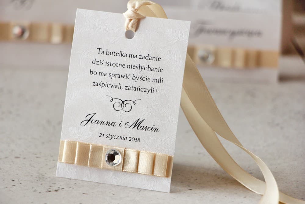 Elegant Wedding Alcohol Tags with Cubic Zirconia and Bow | Personalized Bottle Tags | Amaretto No. 1