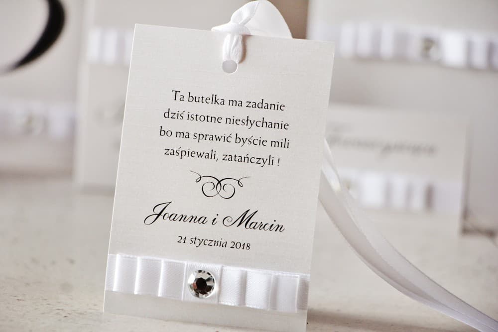 Elegant Wedding Alcohol Tags with Triple Satin Bow and Cubic Zirconia, Glamour | Amaretto No. 9