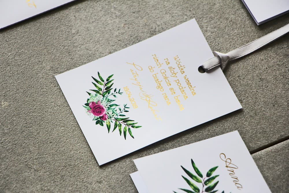 Elegant Wedding Alcohol Tags with Fuchsia and Gold, Floral Rose Motif | Wedding Vodka Tags | Cykade No. 4