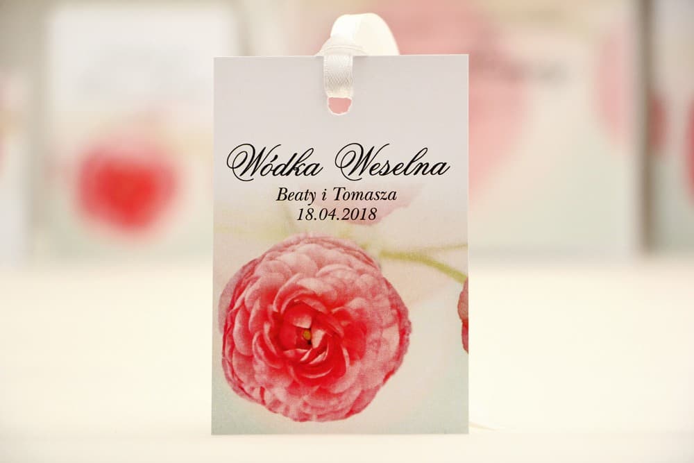 Pink Ranunculus Wedding Alcohol Tags on Blue Background | Elegant No. 27