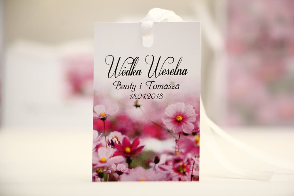 Wedding Alcohol Tags with Purple Cosmos Wildflowers | Personalized Wedding Vodka Tags | Elegant No. 5