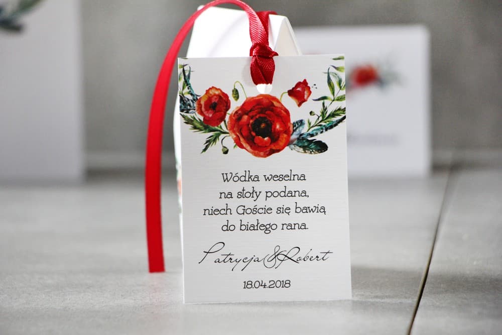 Wedding Alcohol Tags with Poppies and Emerald Feathers | Personalized Vodka Tags with Poem | Pistachio No. 19