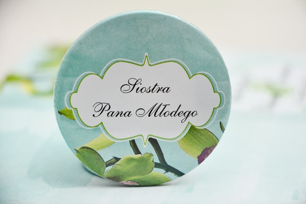 Hochzeits-Ansteckpins Orchidee Aquarell, Personalisierte Namensschilder und Tischkarten | Hochzeits-Buttons | Kollektion Felicja Nr. 20