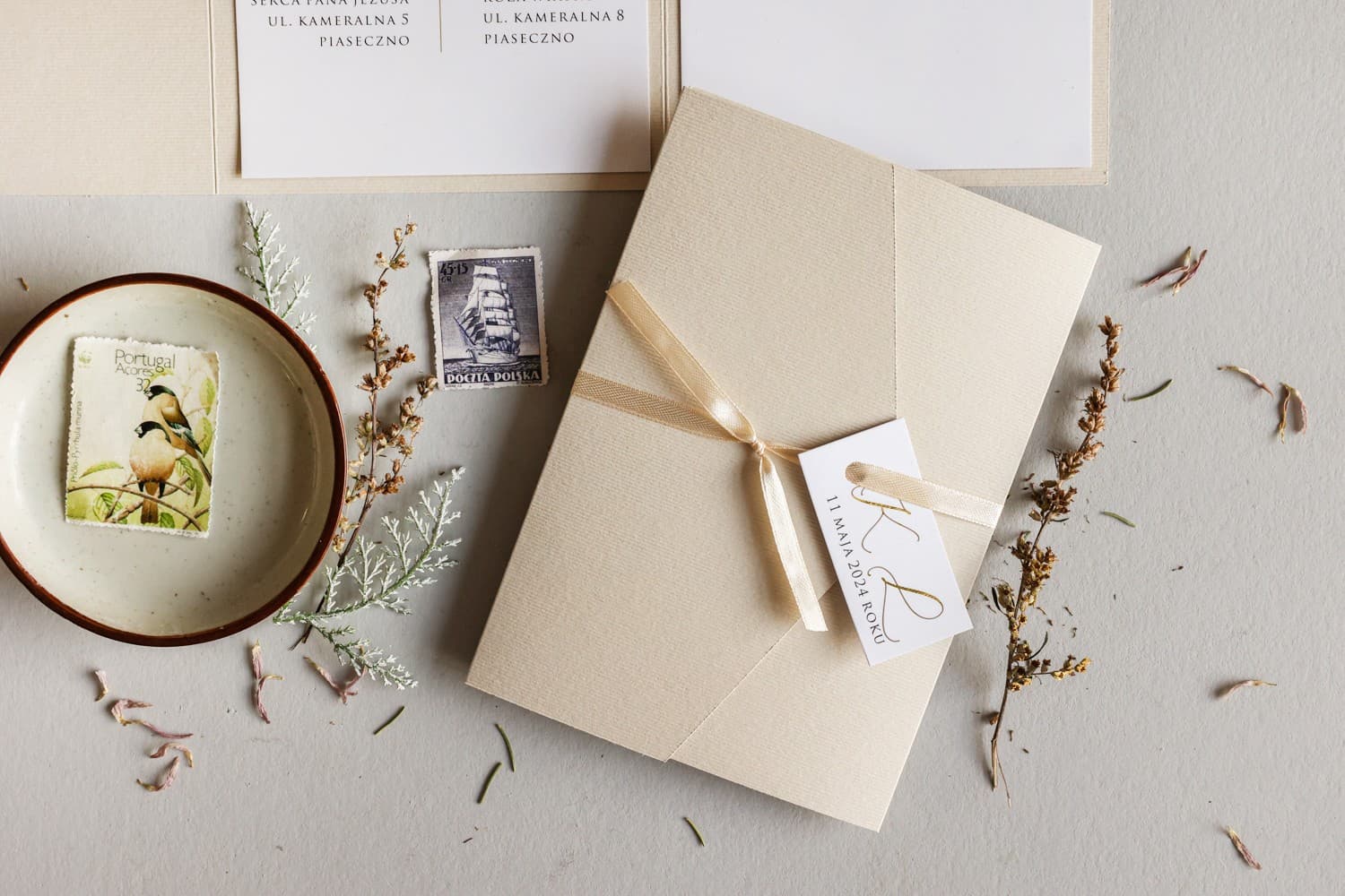 Avril No. 10 Wedding Invitation – Beige, Gold & Satin Bow - 3