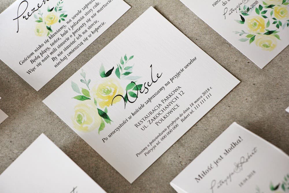 Informationskarte für Einladungen Gelbe Rosen, Aquarell-Blumen | Hochzeitseinlage RSVP, Geschenkwünsche | Pistacjowe Nr. 9