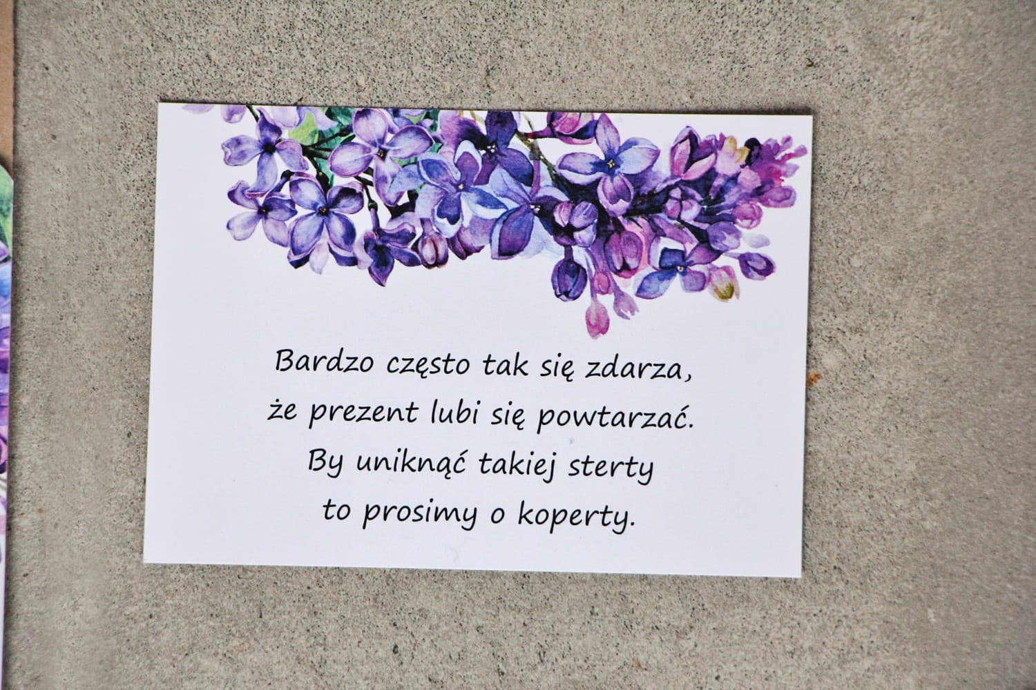 Bilecik do zaproszeń z prośbą o pieniądze | Wkładka informacyjna fioletowy bez | Sorento nr 11
