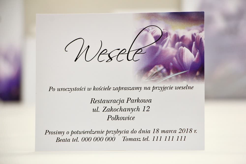 Bilecik do Zaproszeń Fioletowe Krokusy | Personalizowane Wkładki Ślubne Informacyjne | Elegant nr 14