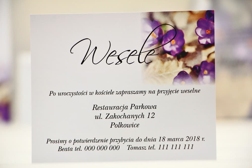 Bilecik do zaproszenia 120 x 98 mm prezenty ślubne wesele - Elegant nr 26 - Fioletowe krokusy
