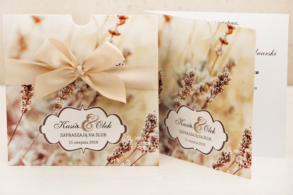 Elegant Beige Wedding Invitations in a Pocket with Wild Grass, Boho Style with Ribbon – Felicja No. 10
