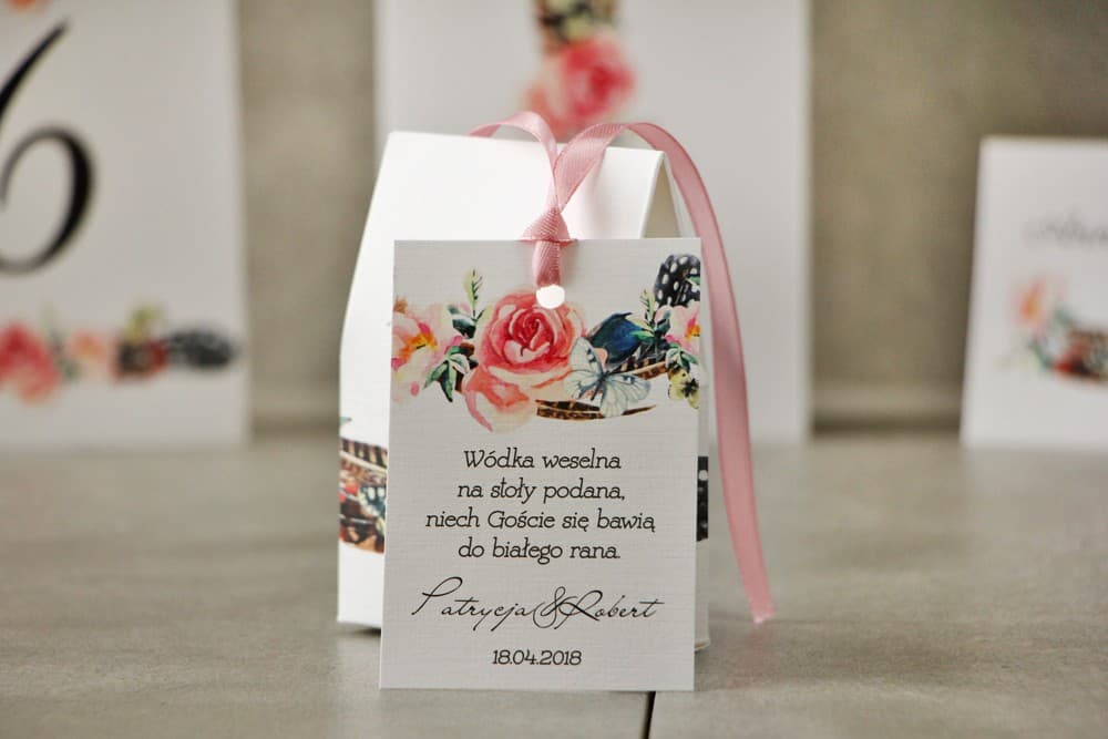 Boho Wreath Wedding Wine Tags with Roses and Feathers | Personalized Alcohol Labels | Pistachio No. 16