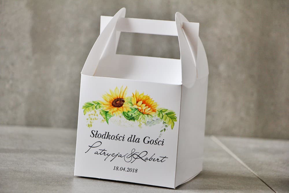 Boîte à gâteaux de mariage personnalisée avec tournesols | Remerciements invités | Pistache n° 13