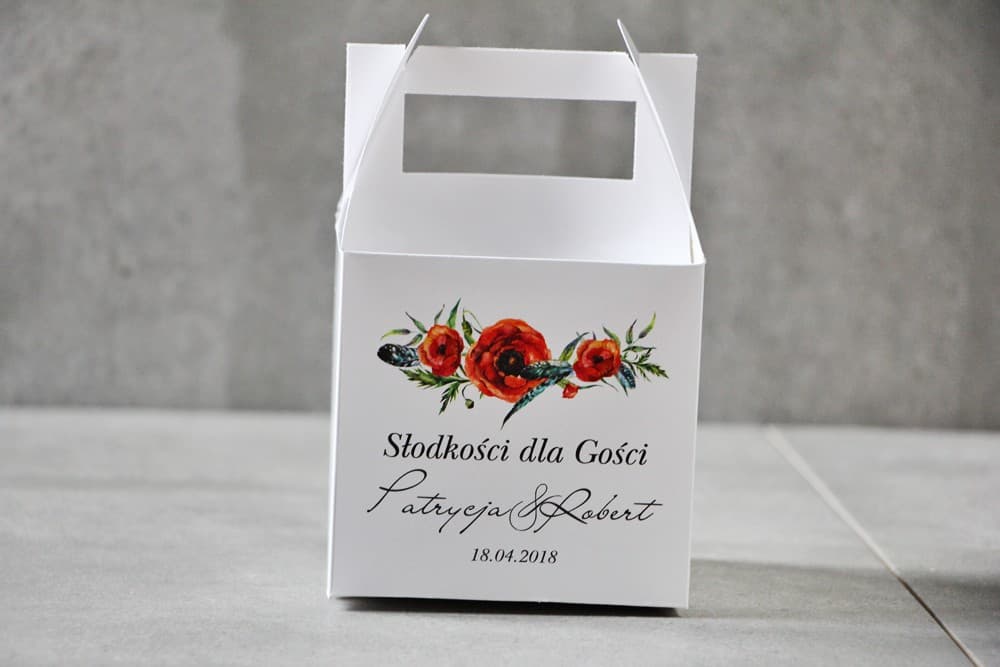 Boîte à gâteau carrée, gâteau de mariage - Pistacjowe n° 19 - Coquelicots rouges