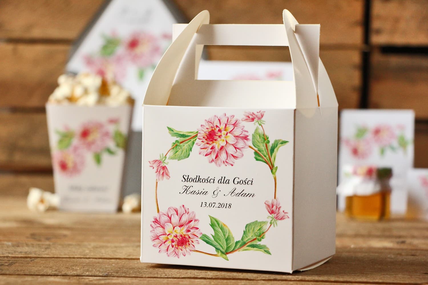 Boîtes à Gâteaux de Mariage avec Poignée Dahlias Roses | Emballages Cadeaux Sucrés | Kalia n° 4