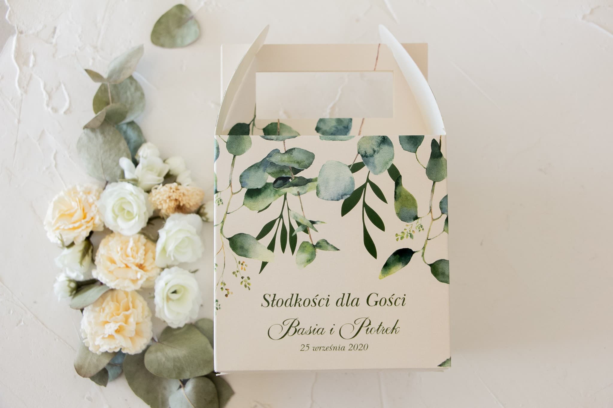 Boîtes à Gâteaux de Mariage Eucalyptus avec Poignée | Emballage Douceurs Personnalisé | Korani n° 3