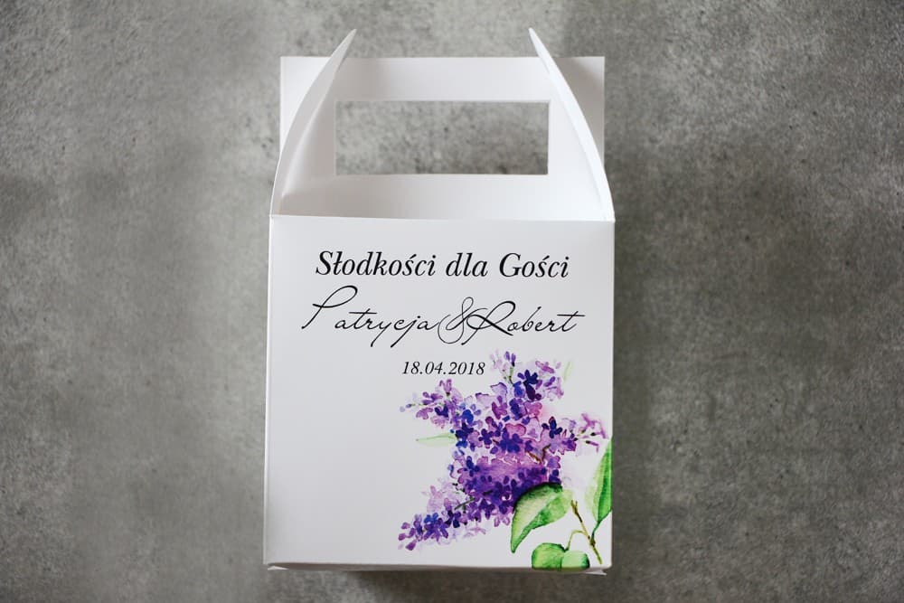 Boîte à gâteaux carrée, gâteau de mariage - Pistacjowe n° 2 - Branche de lilas violet
