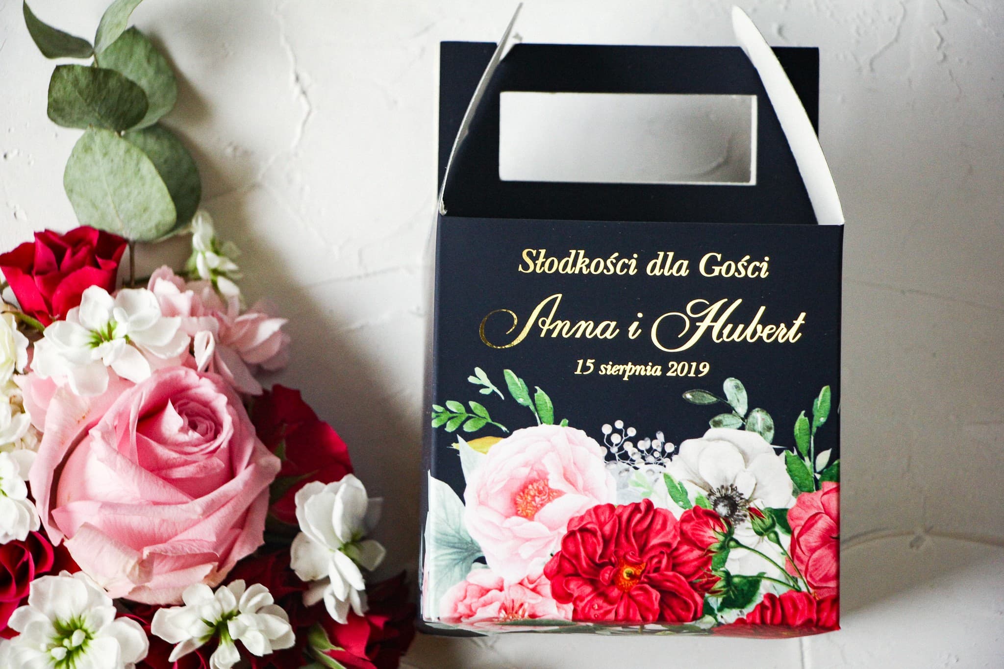 Boîtes à gâteaux de mariage dorées avec roses | Emballages élégants pour douceurs | Szafirowe n° 4