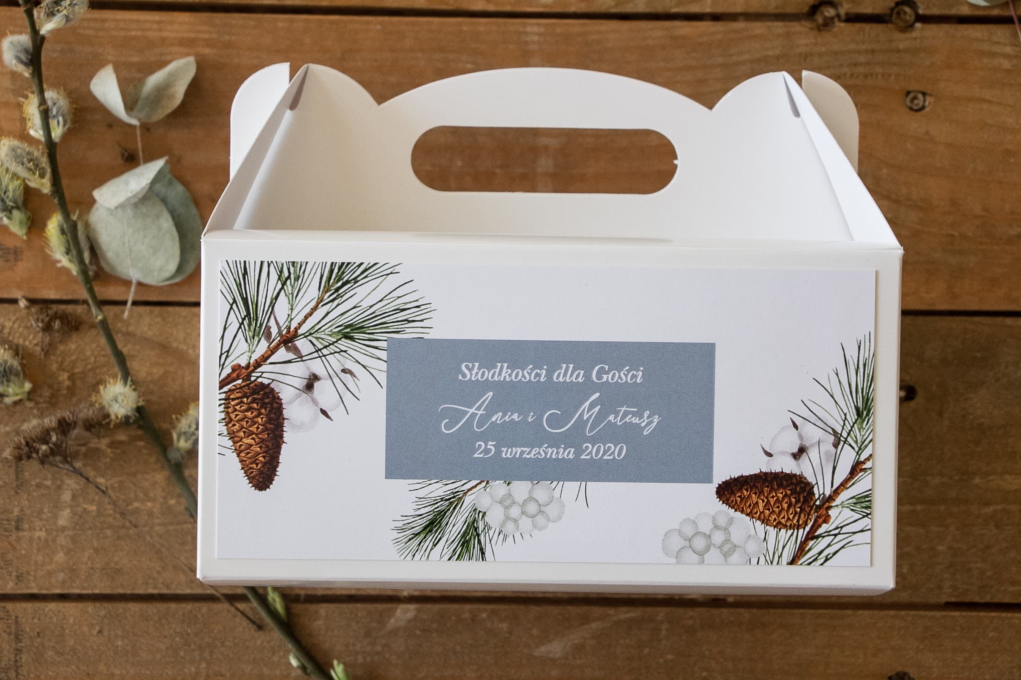 Boîtes à gâteaux bleues avec branchages | Remerciements personnalisés pour invités | Korani n° 8