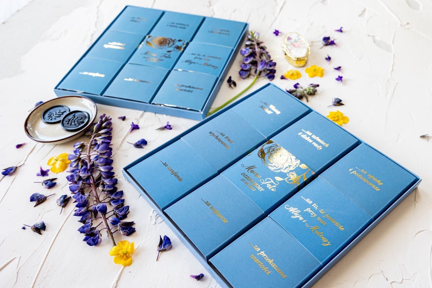 Detalle de boda para padres con chocolates personalizados en caja azul.