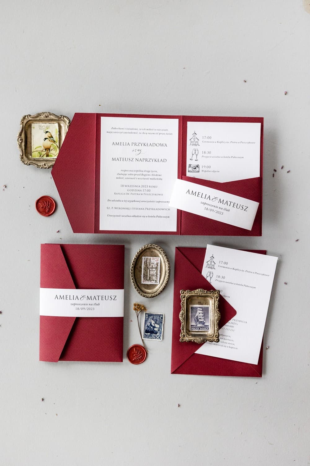 Hochzeitseinladung Kraft Nr. 6 – Bordeaux mit Tasche - 3