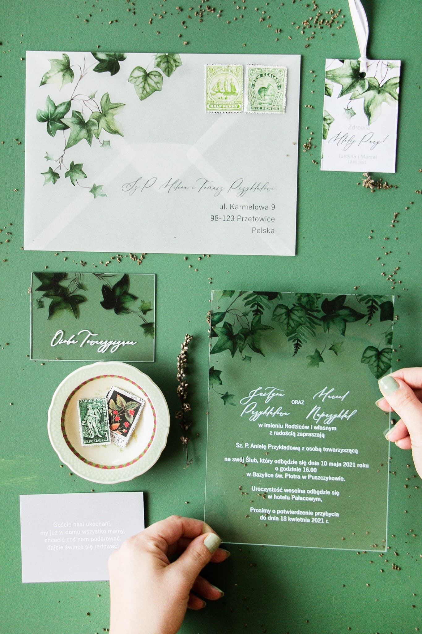 Botanical Glass Wedding Invitations with Green Ivy and Vellum Envelope Soft No. 2