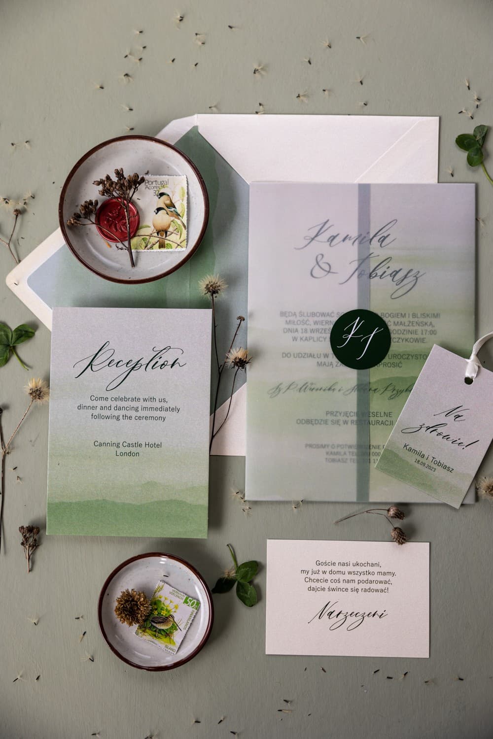 Botanical Wedding Invitations with Vellum Wrap and Green Leaves on Pearl Paper - Opal No. 11 - 4