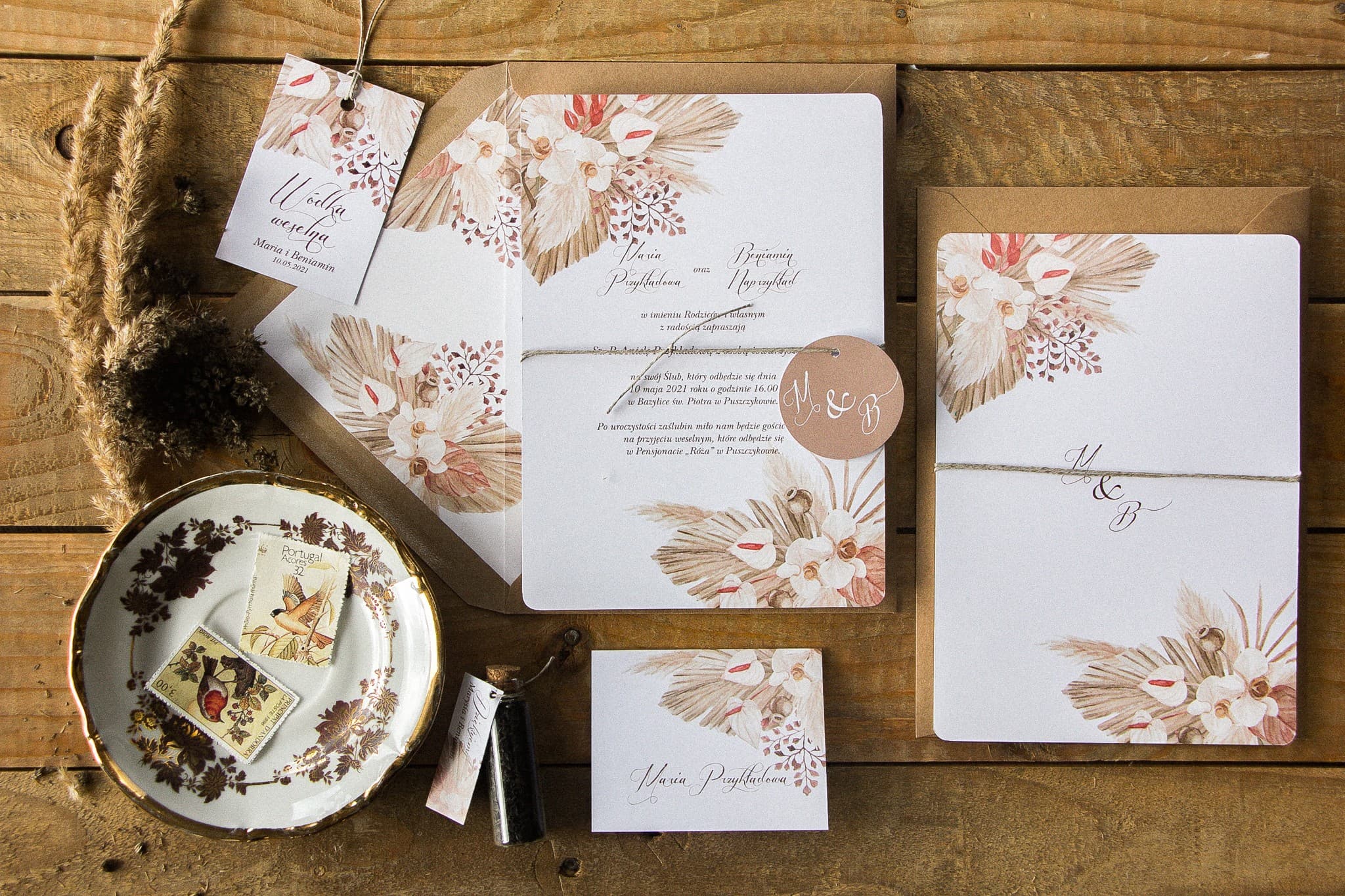 Boho Wedding Invitations with Natural Pampas Grass and Eco Envelope – Indygo No. 6