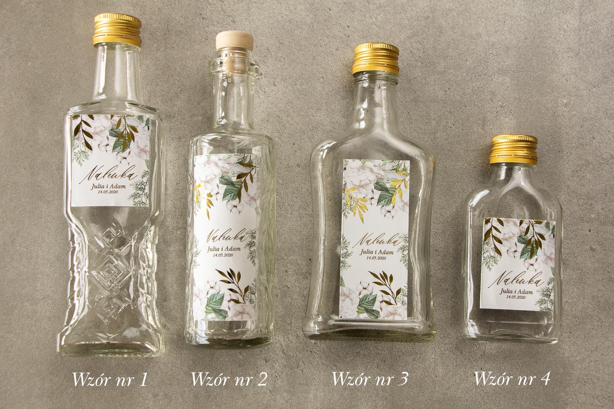 Botellas de cristal personalizadas para licor de boda con diseño dorado