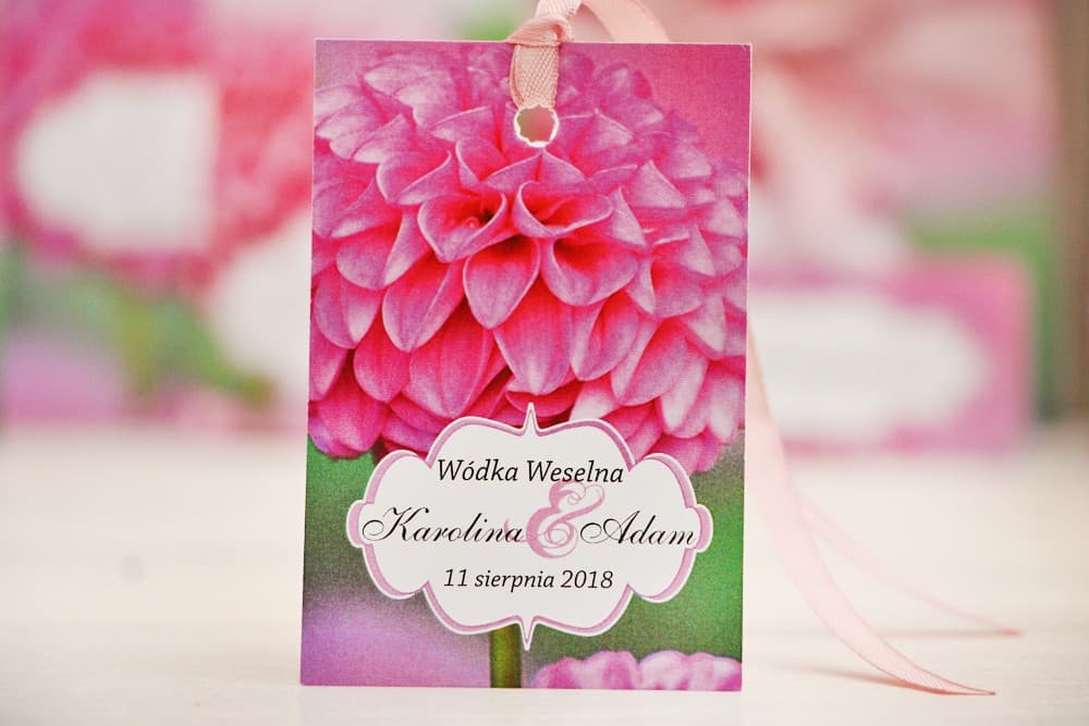 Elegant Wedding Alcohol Tags with Pink Dahlia, Personalized Bottle Labels | Felicja No. 9