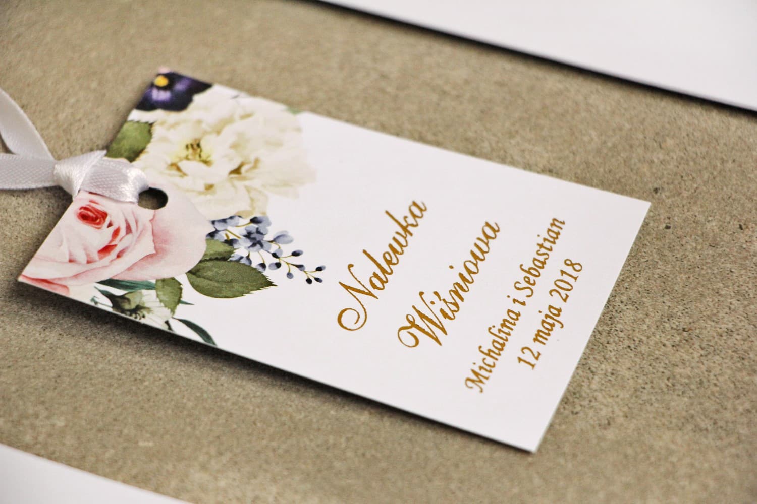 Gold Foiled Wedding Bottle Tags with Roses and Peonies | Sorento No. 1