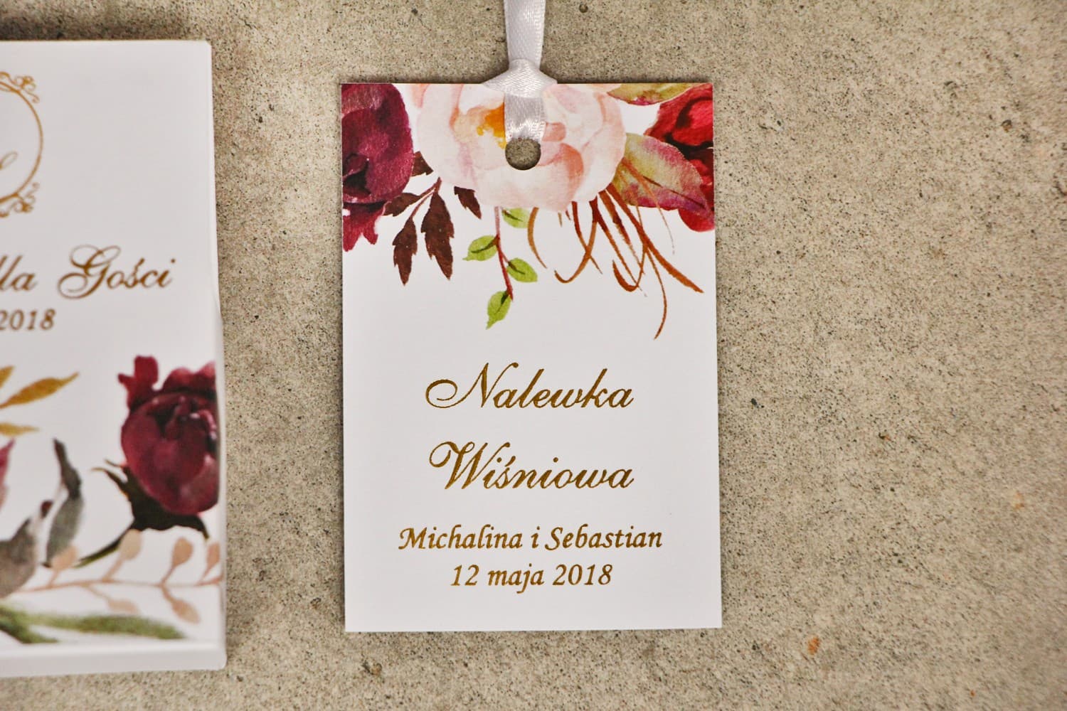 Gold Foiled Bottle Tags with Burgundy Roses | Elegant Wedding Alcohol Tags | Sorento No. 7