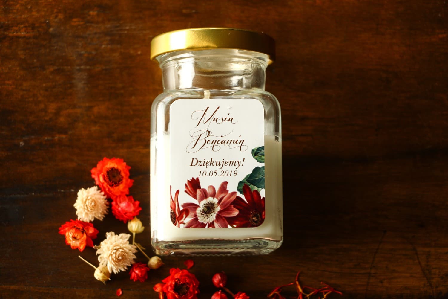 Bougies - remerciements et cadeaux pour invités de mariage avec motif de pâquerettes africaines bordeaux et bourgogne