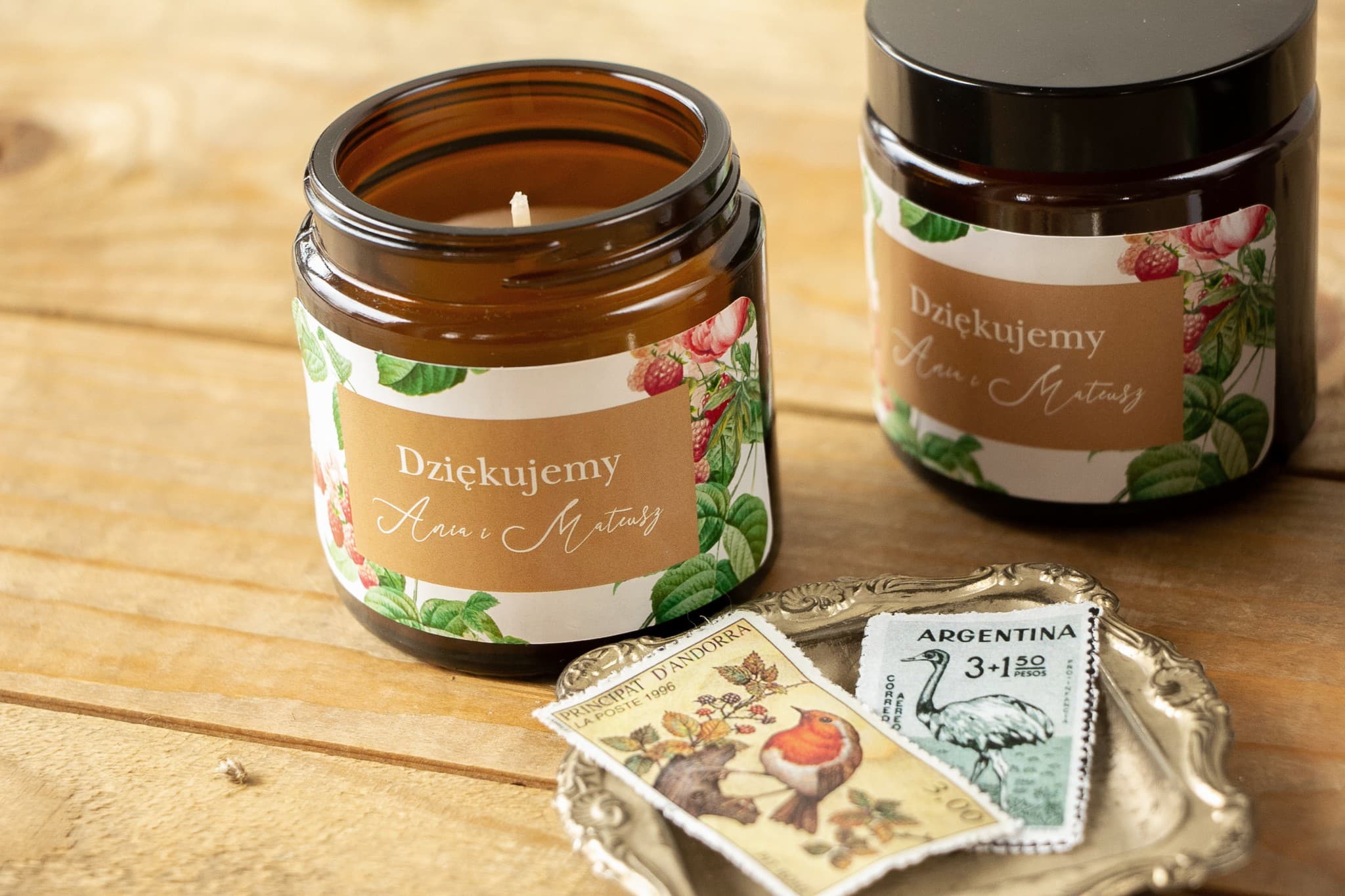 Cadeau invité de mariage bougie de soja artisanale en pot en verre ambré