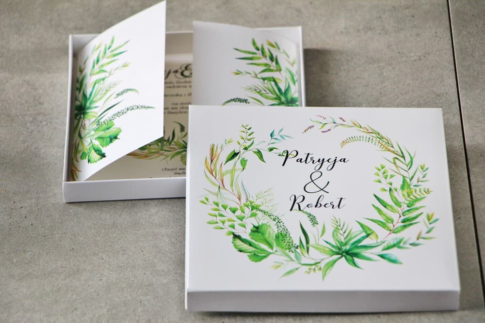 Boxed Wedding Invitation Sample | Green Wild Grass Motif | Pistachio No. 20