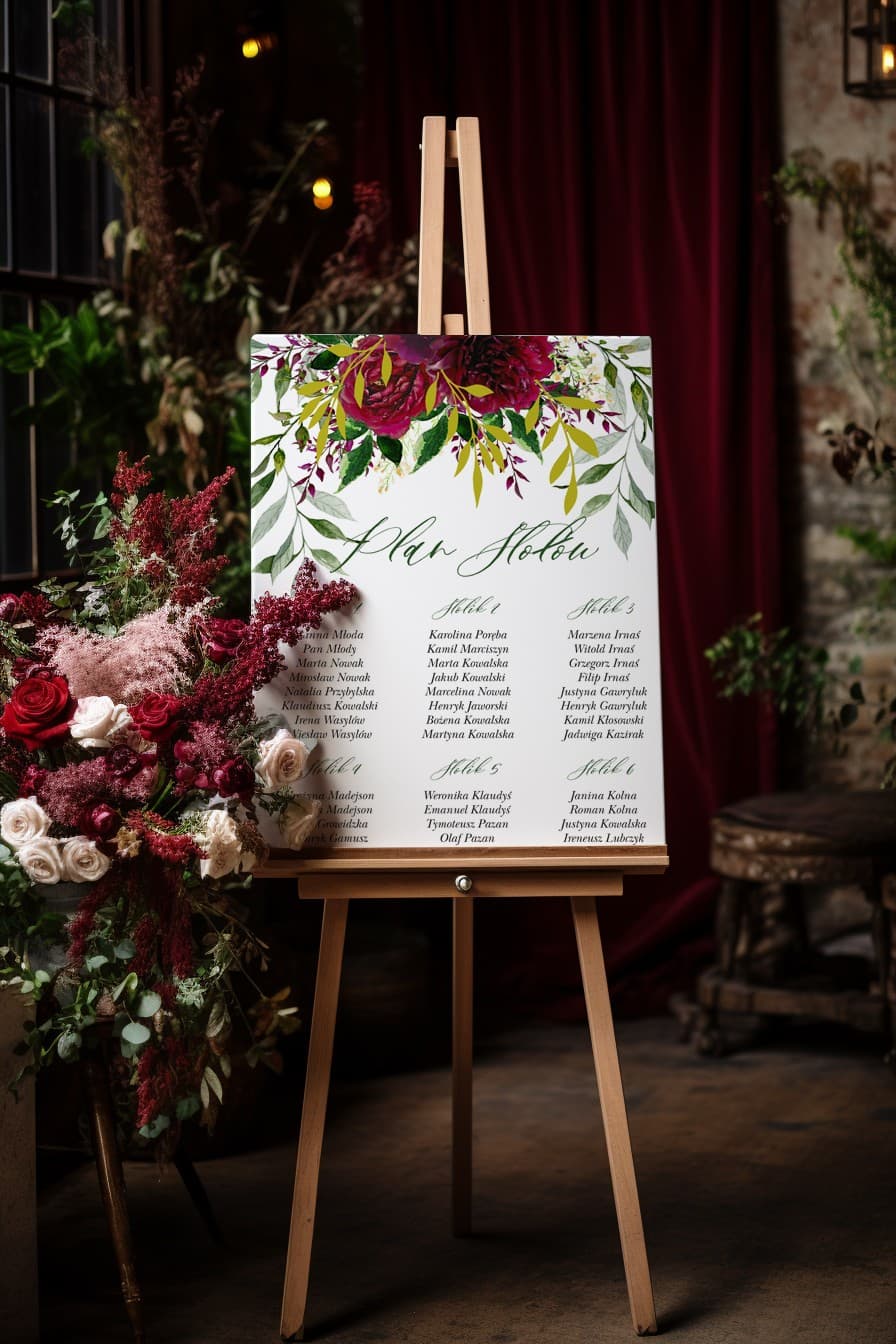 Rubin No. 3 Wedding Seating Plan – Burgundy Peonies in Glamour Style