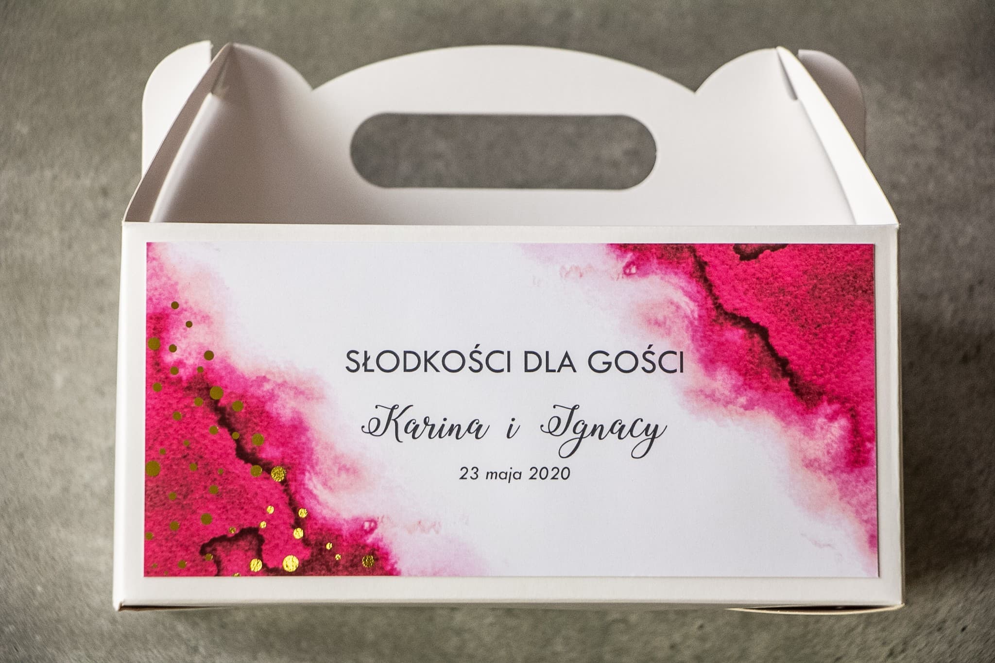 Caja de Boda para Tarta - rectangular - Gráfico de acuarela rosa con puntos dorados