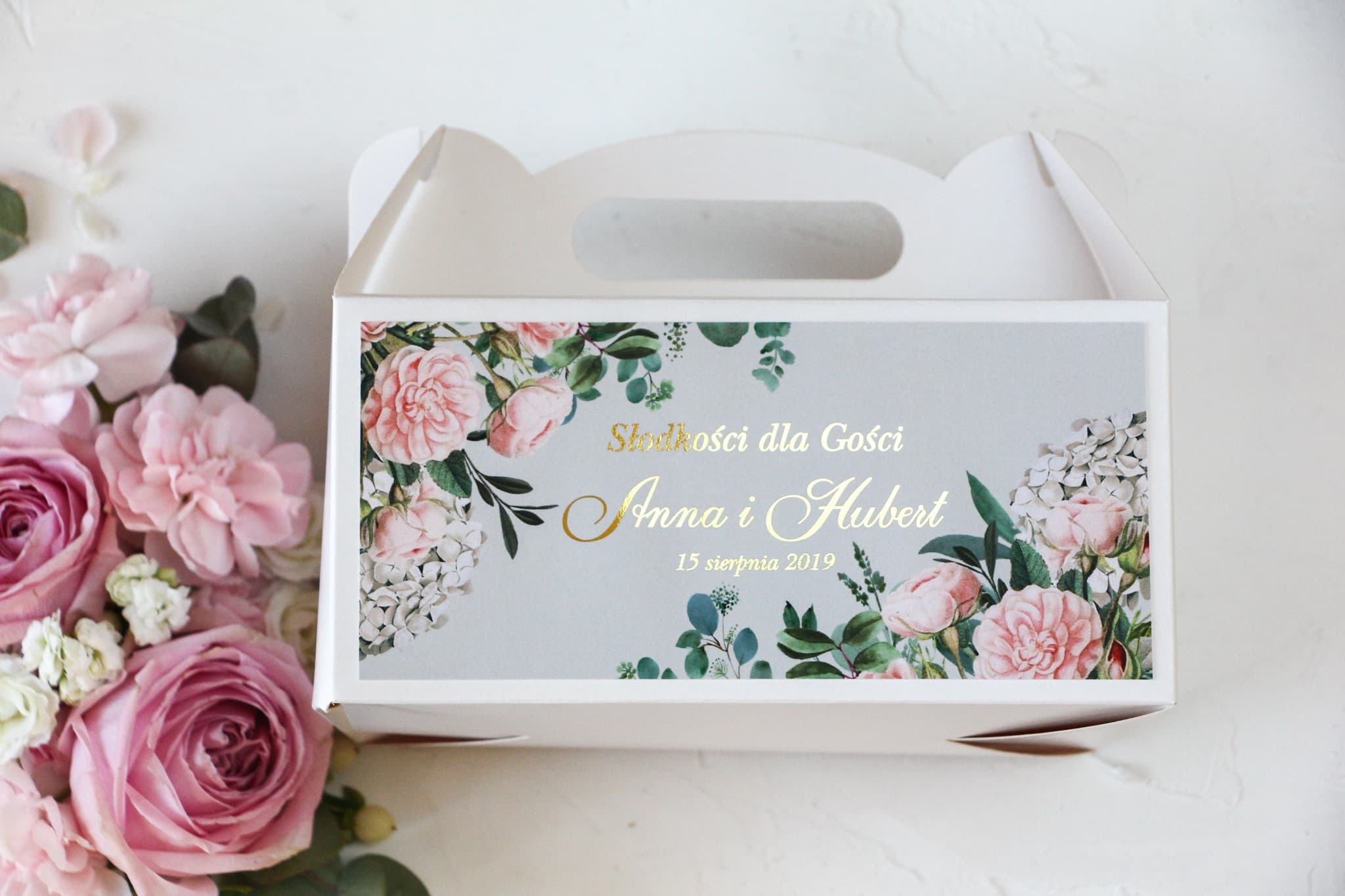 Caja para Tarta de Boda Personalizada con Dorado y Flores | Embalaje para dulces para invitados | Szafirowe nº 2