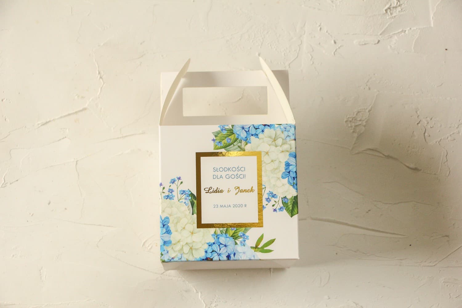 Caja para Tarta de Boda con Hortensia y Dorado | Elegantes Detalles para Invitados | Avril nº 1