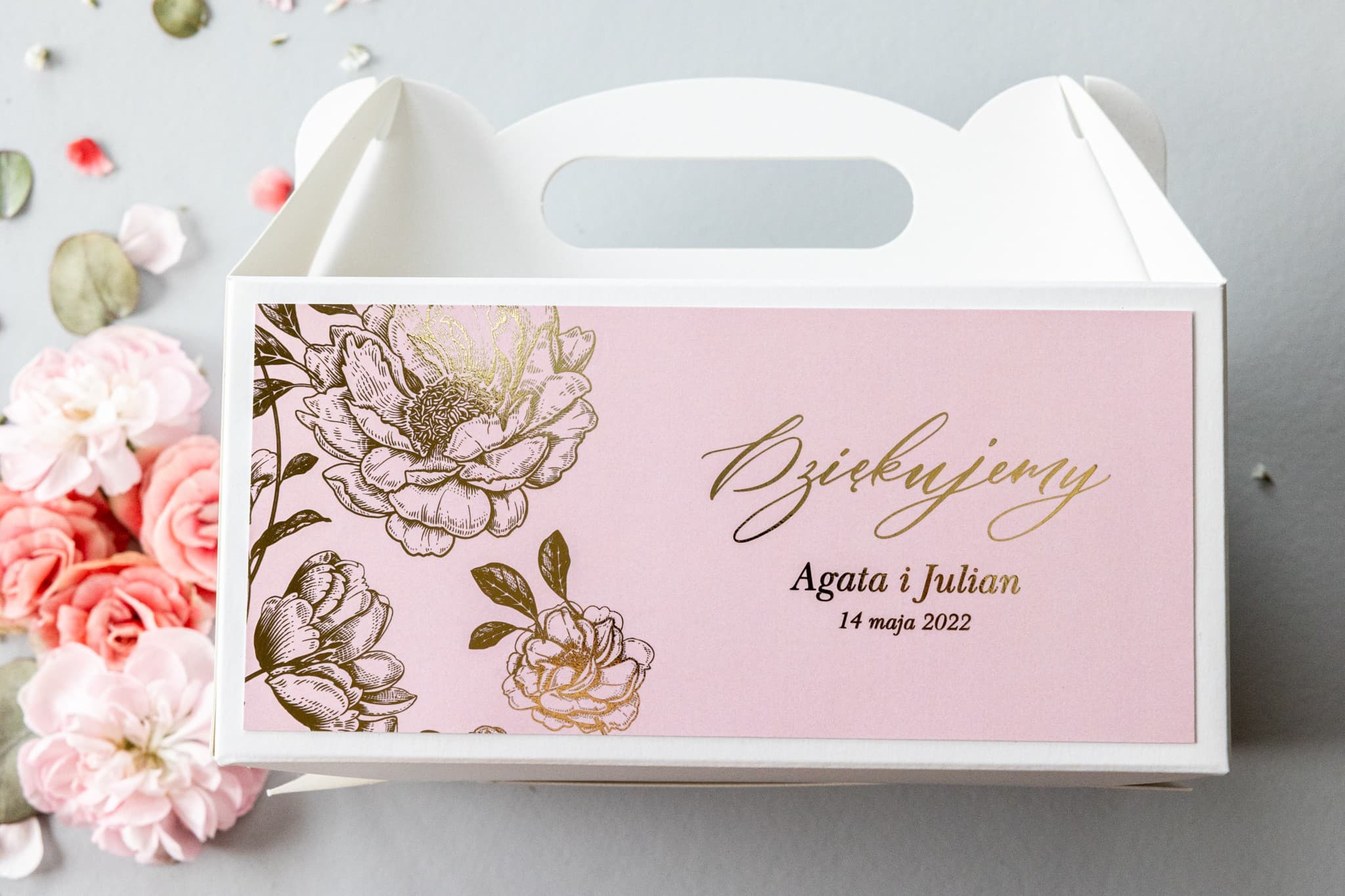 Caja para Pastel de Bodas Rosa Empolvado, Peonía Dorada | Recuerdo Personalizado para Invitados | Onyks n.º 1