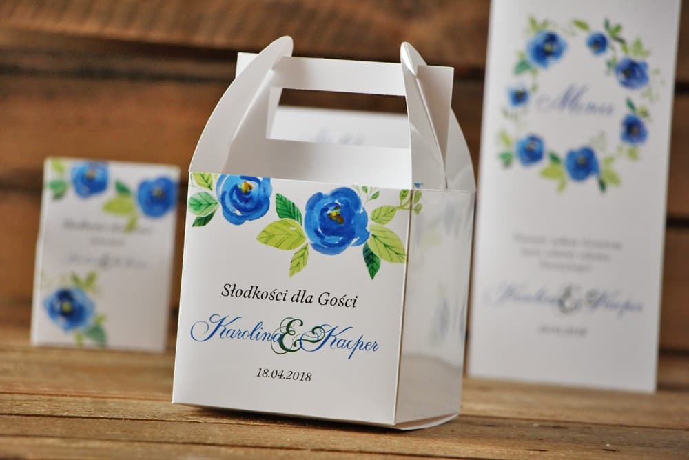 Caja para Dulces con Asa Personalizada Rosas Azules | Elegantes Envases para Tarta de Boda | Acuarela n.º 10