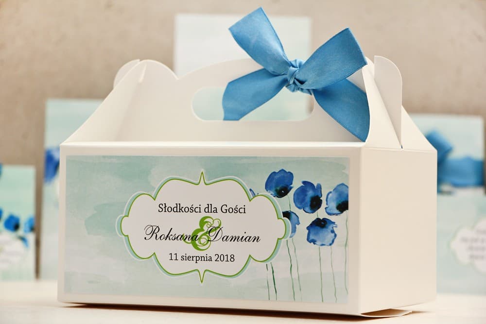 Caja para Pastel de Boda con Acianos y Amapolas, Menta | Detalles Personalizados para Invitados con Asa | Felicja n.º 18