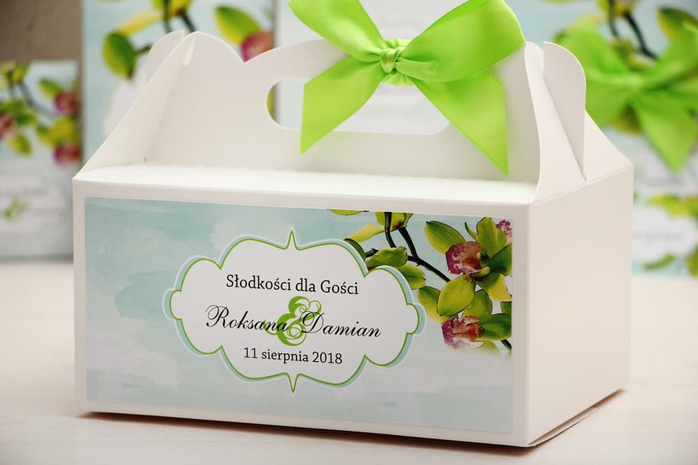 Caja Rectangular para Tarta de Boda con Personalización, Orquídeas Acuarela | Cajas para pasteles con asa | Felicja