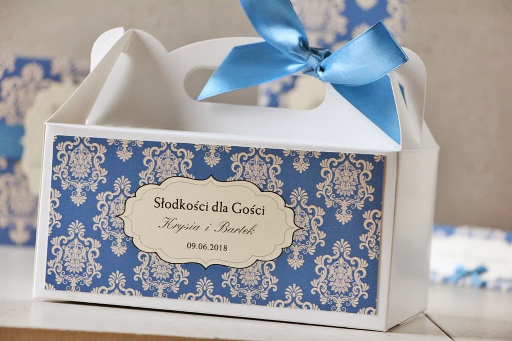 Elegante caja para tarta con asa y personalización, ornamento azul | Cajas para tarta de boda para invitados | Ornament n.º 2