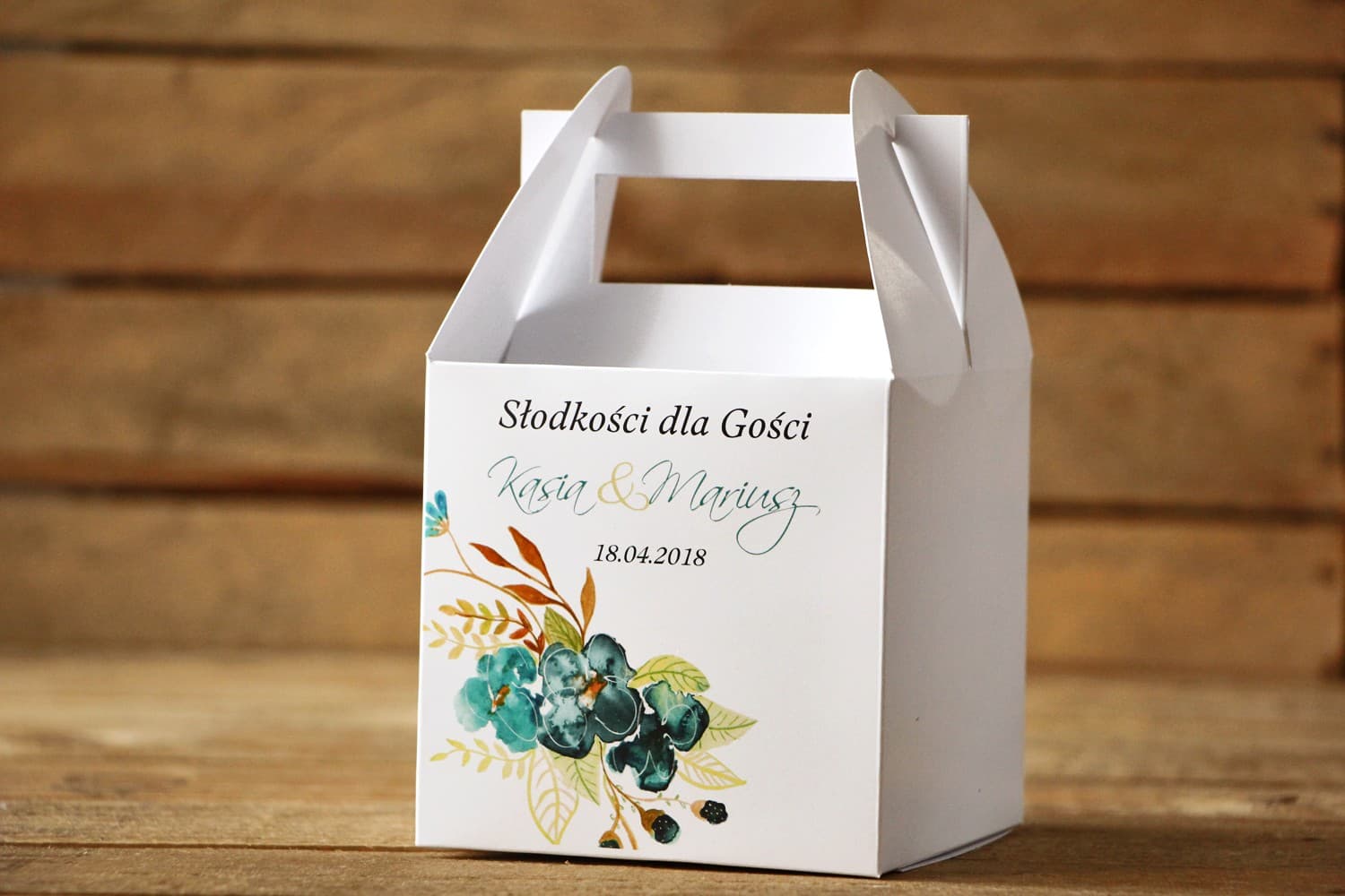 Cajas para tarta de boda con asa Flores Esmeralda | Envases personalizados para tarta | Flores Pintadas nº 21