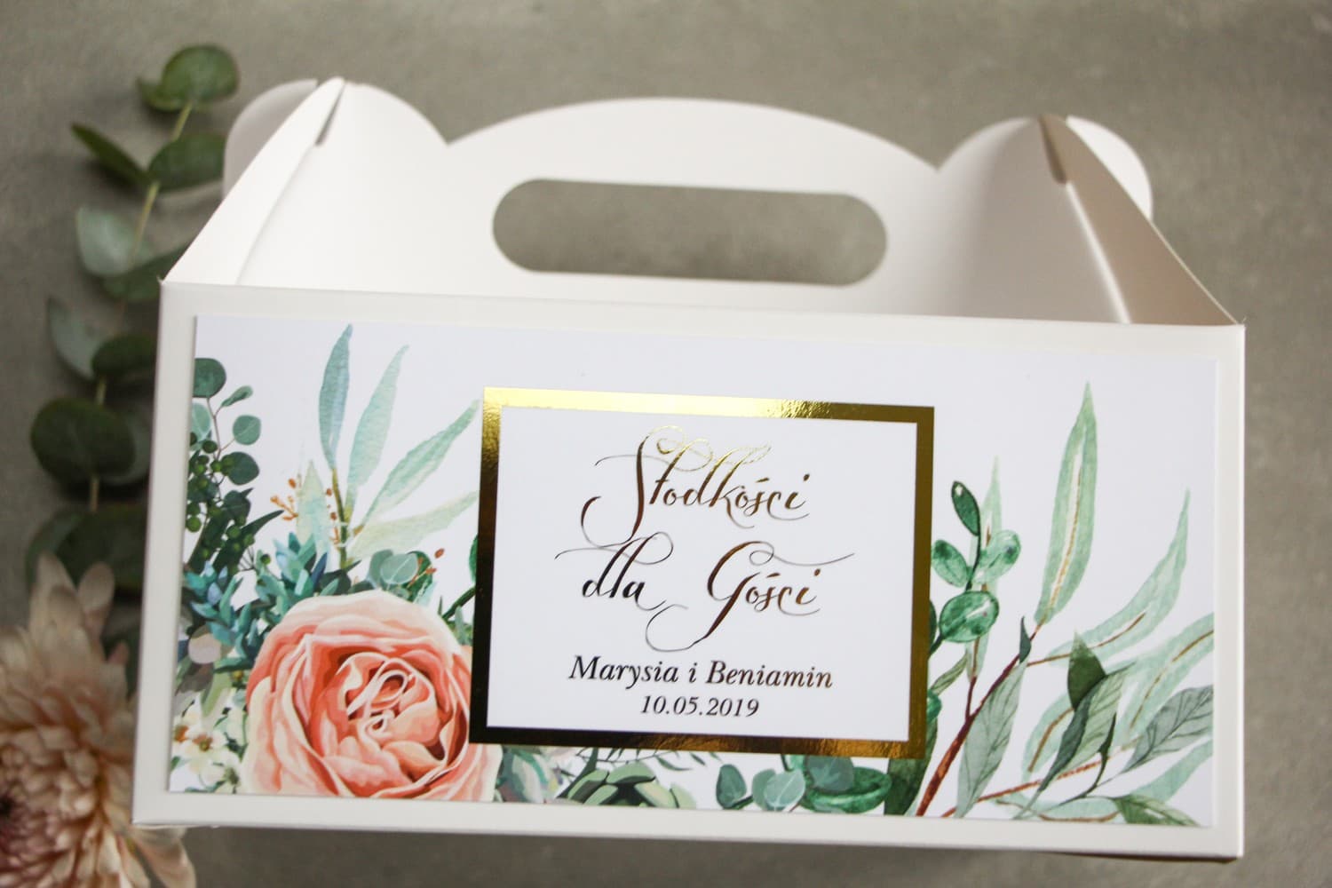 Elegante Caja para Tarta de Boda Dorada con Flores | Embalaje para Invitados | Flores nº 4