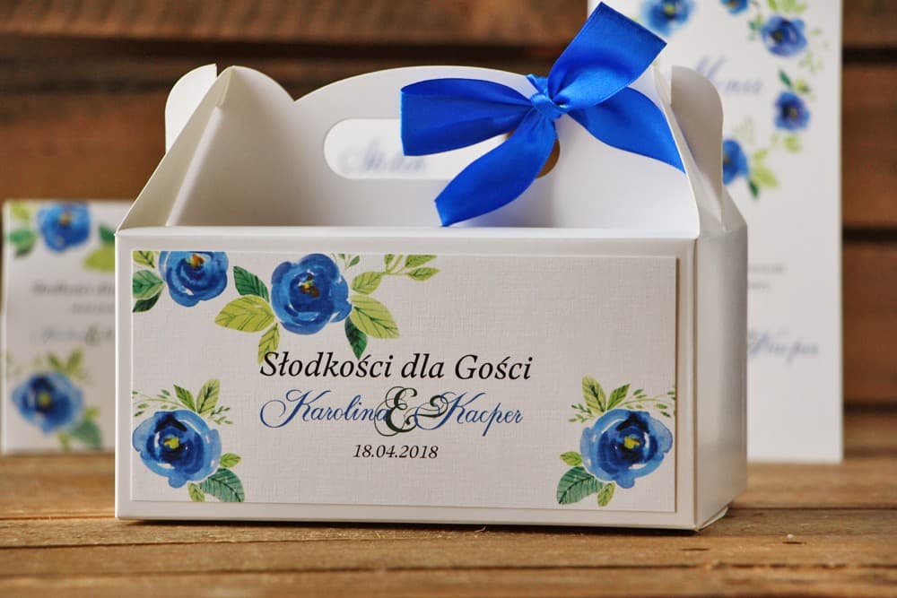 Caja para Dulces de Boda con asa Rosas Azules Acuarela, Personalizada | Cajas de tarta para invitados | Acuarela nº 10