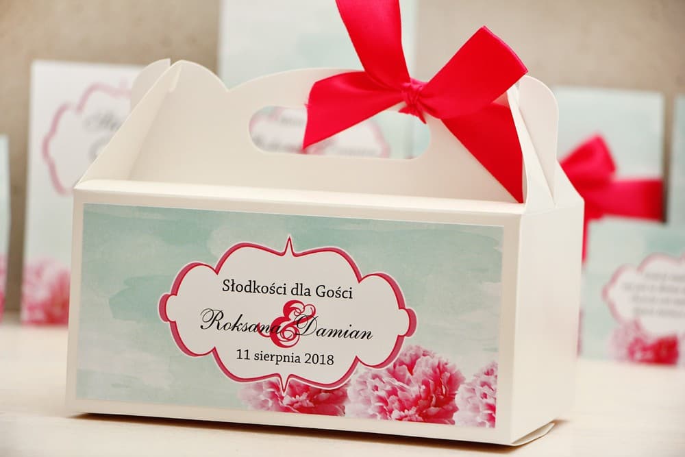 Caja para Tarta de Boda con Asa Menta con Flores Amaranto | Embalaje Personalizado para Invitados | Felicja n.º 15