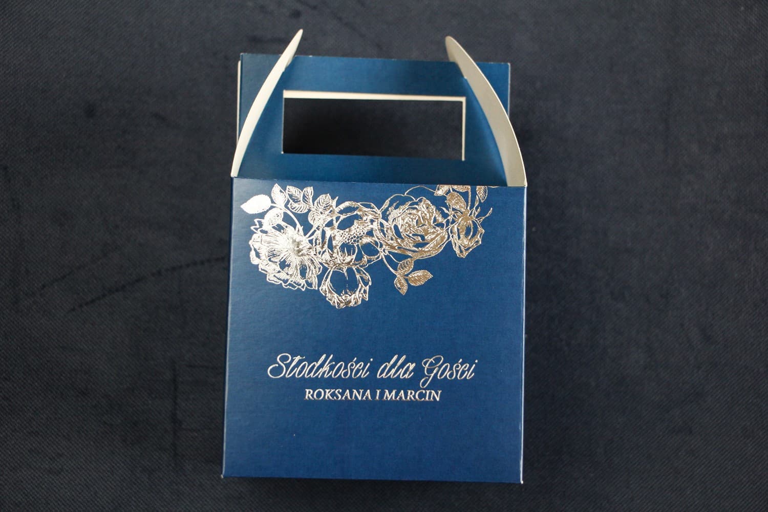 Elegantes Cajas para Pastel de Boda Azul Marino | Agradecimientos Plateados | Mikado n.º 1