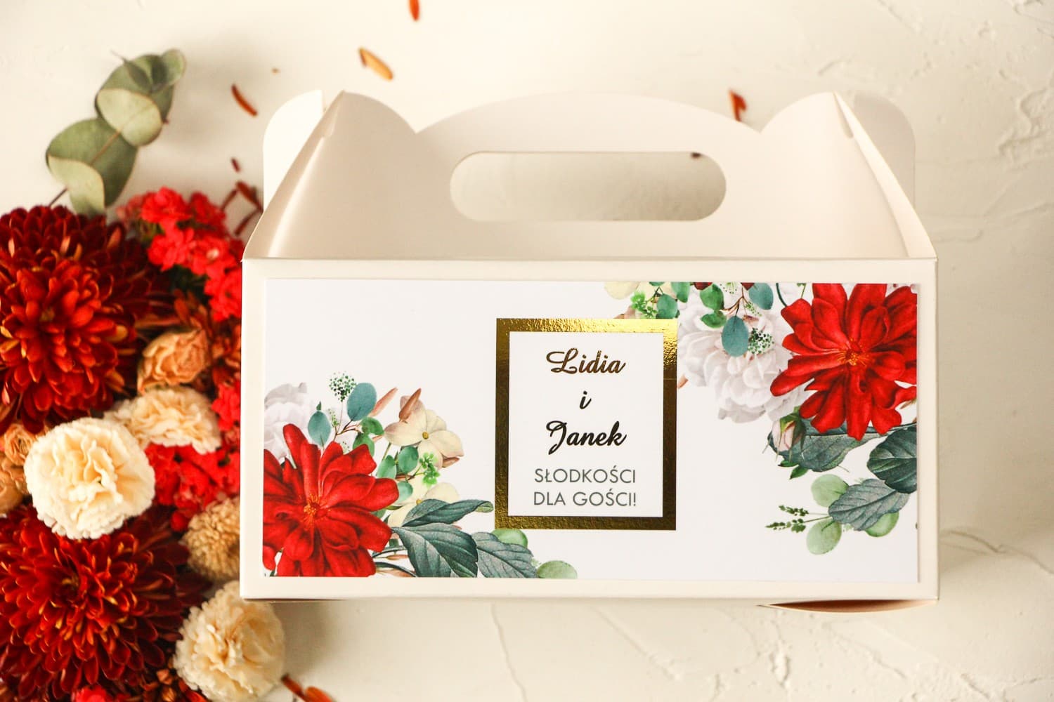Elegante Caja para Tarta de Boda Dorada con Asa | Detalles para Invitados Rosas Burdeos | Avril nº 4