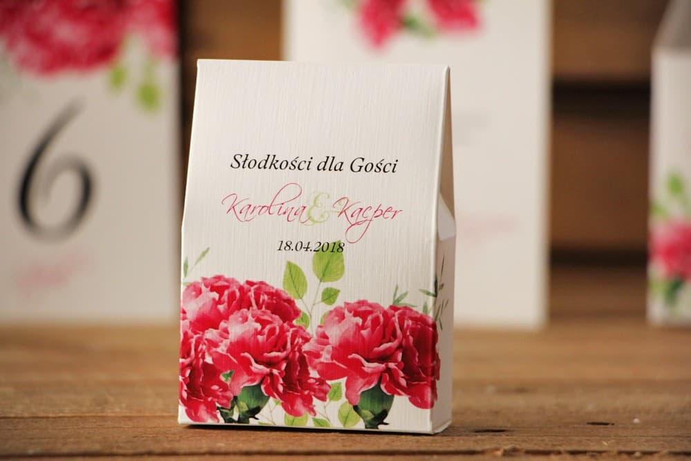 Cajitas de agradecimiento para invitados, flores claveles rosas con dulces | Detalles para invitados de boda | Acuarela nº 18