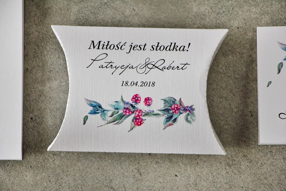 Cajitas con dulces, motivo forestal con moras | Detalles para invitados de boda | Pistacjowe n.º 17